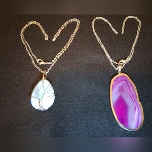 Pink and White Moonstone Teardrop Necklace and Freeform Pink Agate Pendant